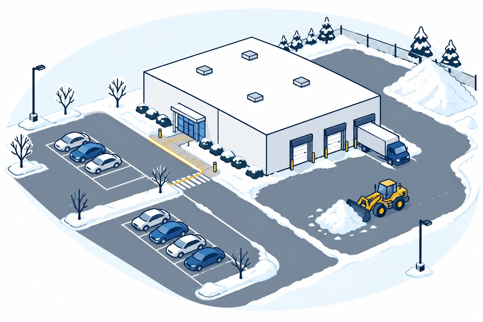 Commercial concept showing a loader working in a warehouse lot with a designated snow storage area