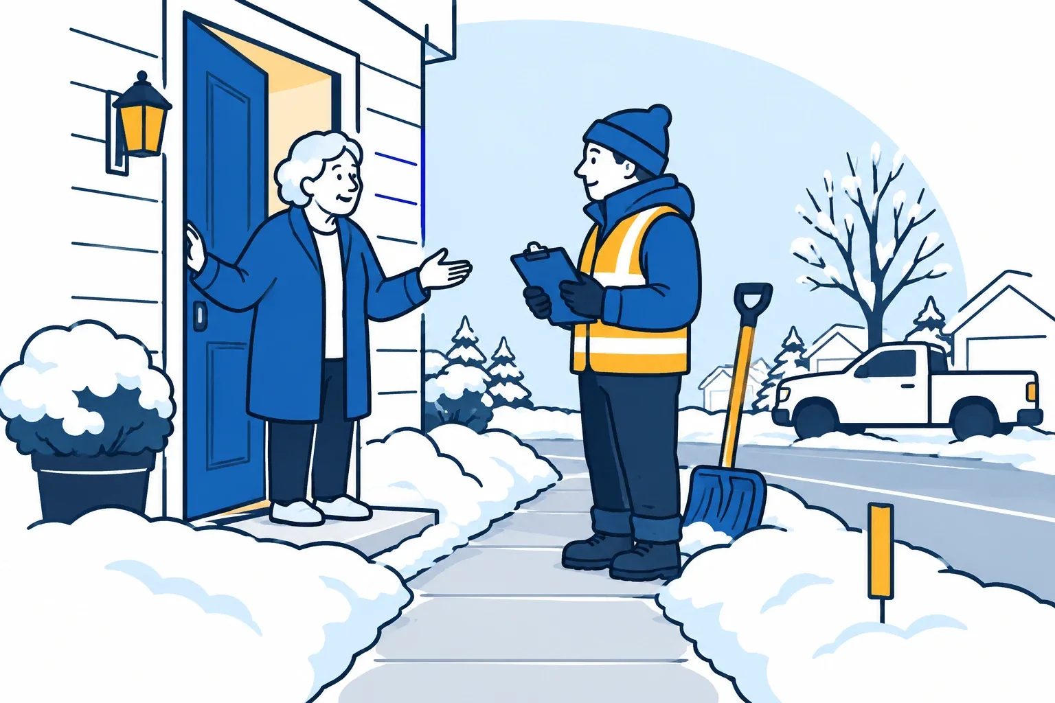 Original cartoon of an older homeowner discussing entrance access and snow-service requirements with a worker