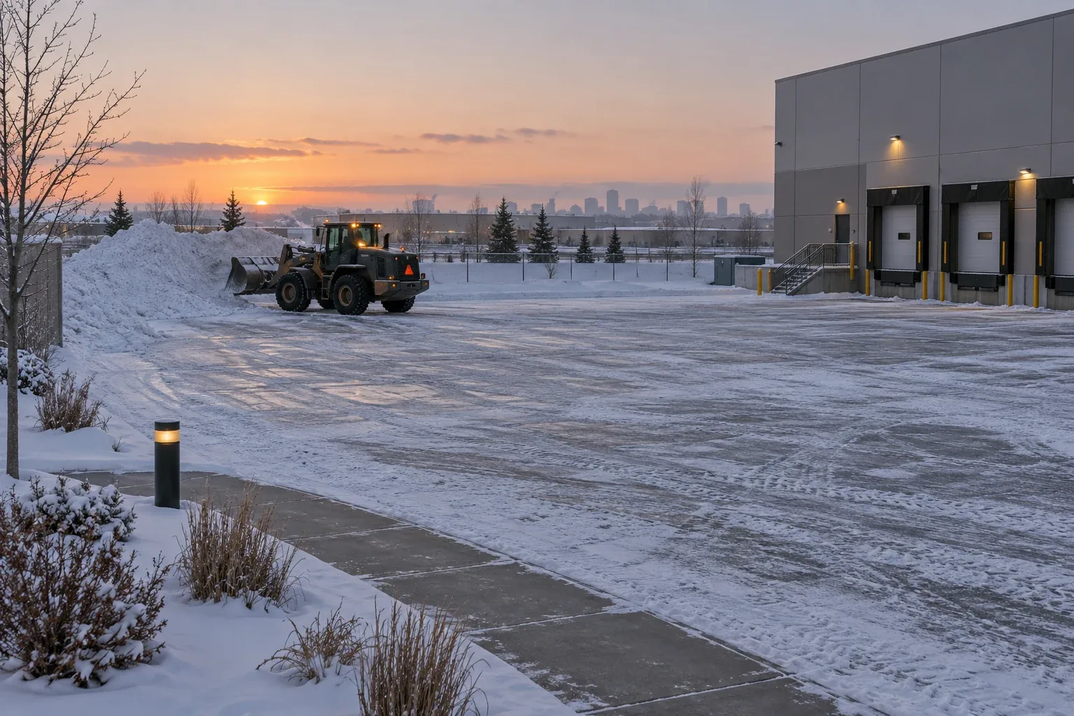 Original realistic concept of snow equipment at a warehouse loading yard