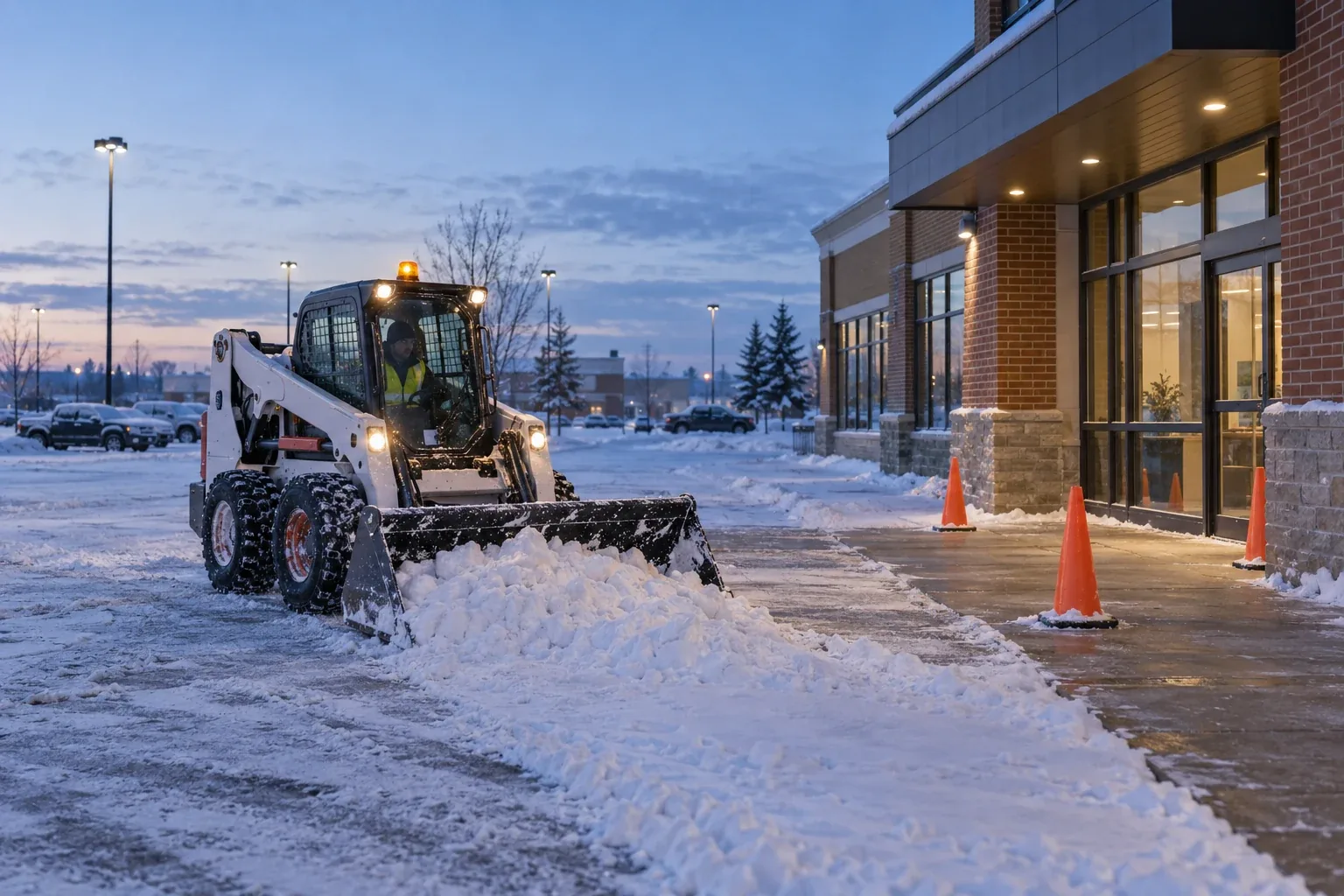 Original realistic concept illustration of a commercial snow-clearing plan for parking, loading and pedestrian zones