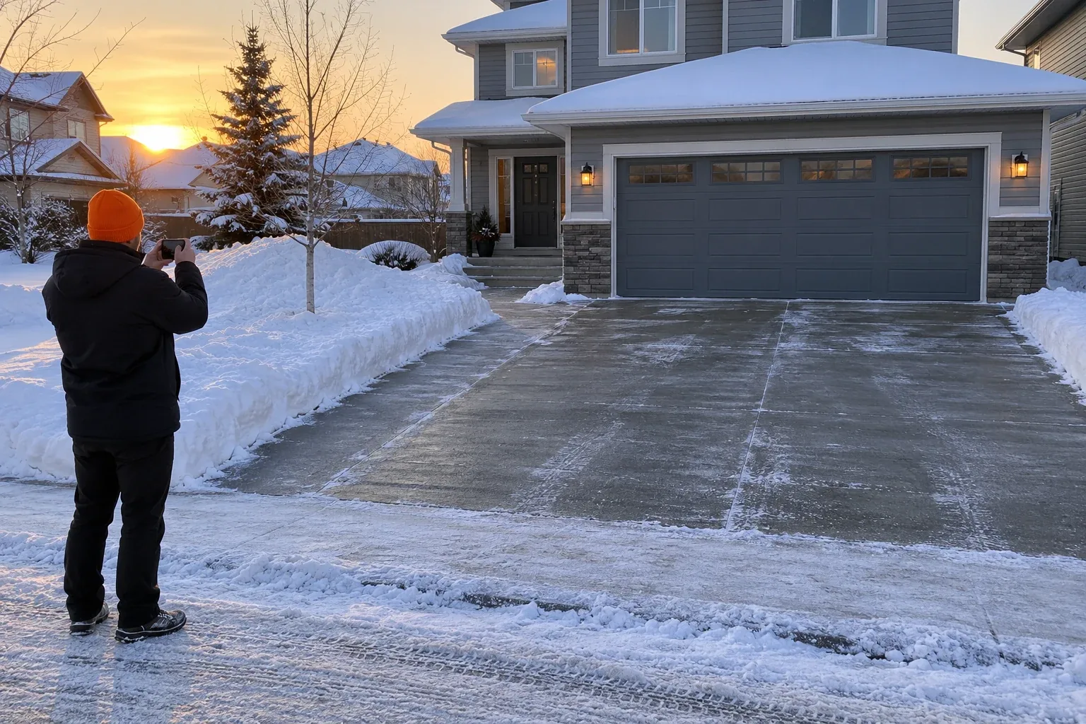 Original realistic concept of a worker recording a cleared driveway on a handheld device