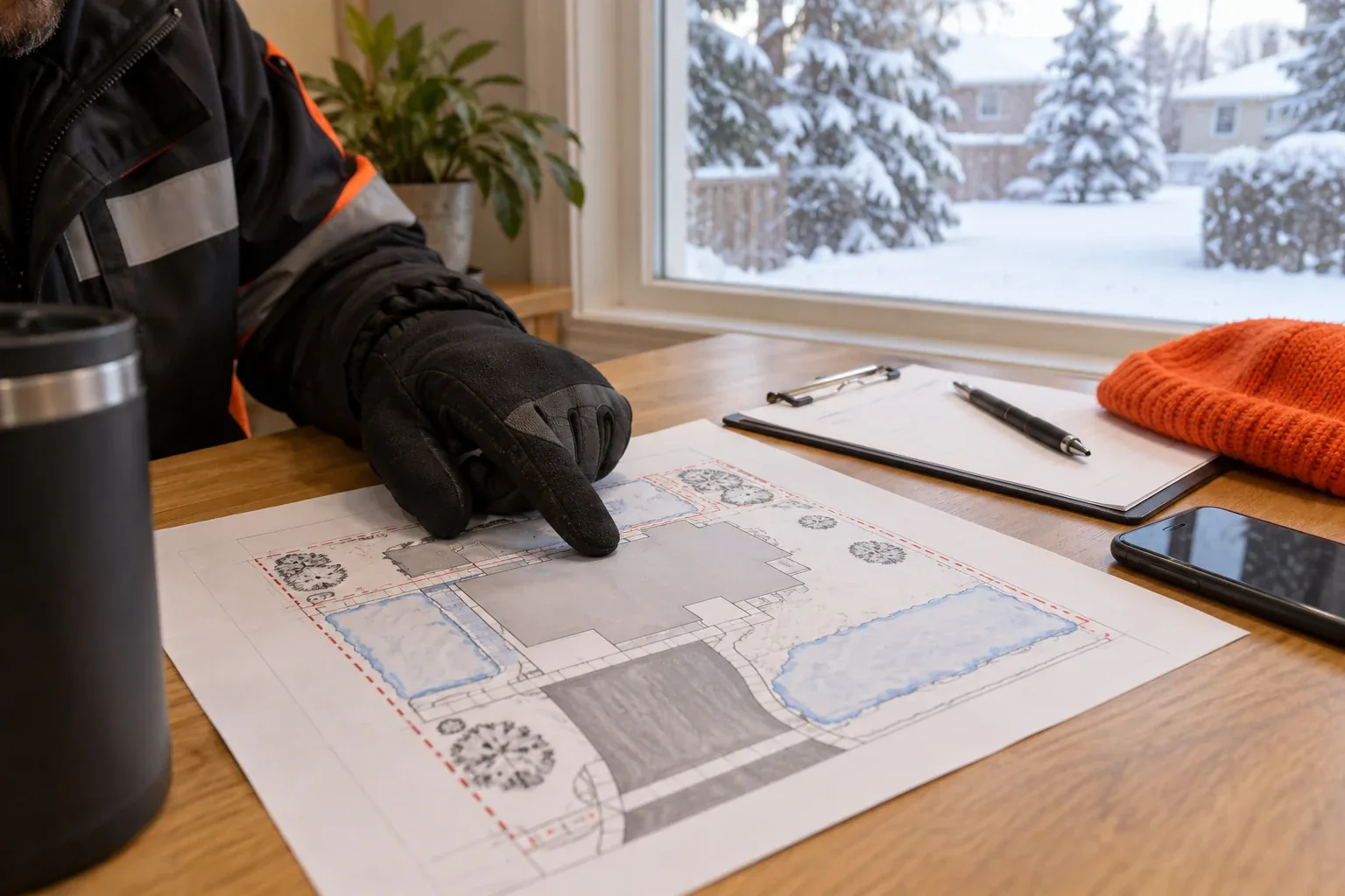 Original realistic concept of gloved hands reviewing a property sketch and agreement on a desk