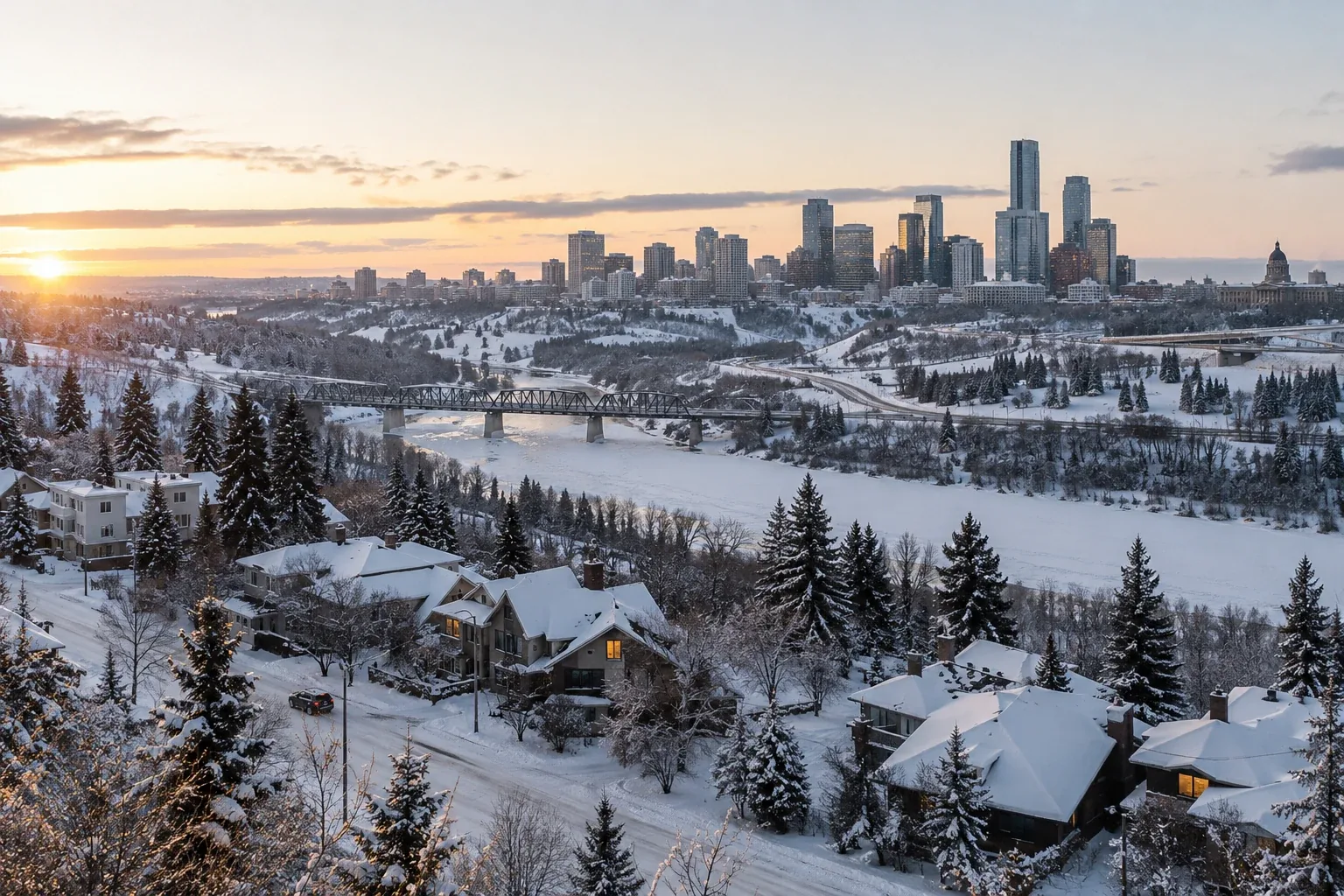Original realistic concept of a snowy city skyline and river valley