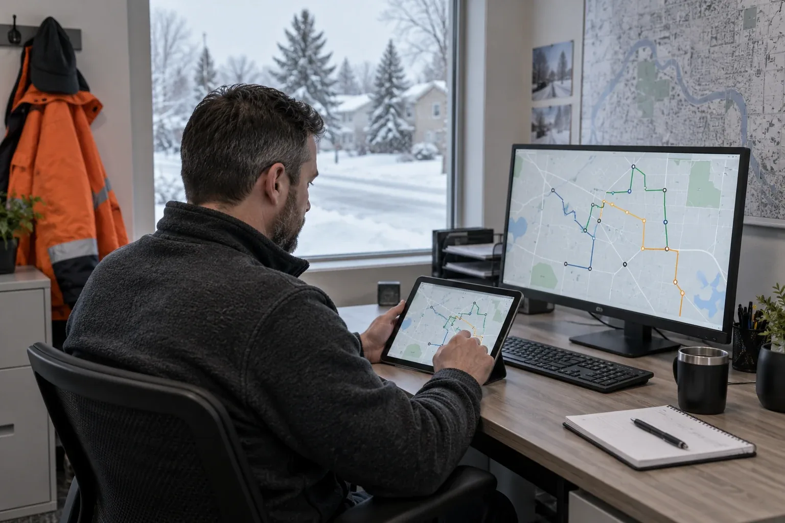Original realistic concept of an office worker reviewing route information at a desktop computer
