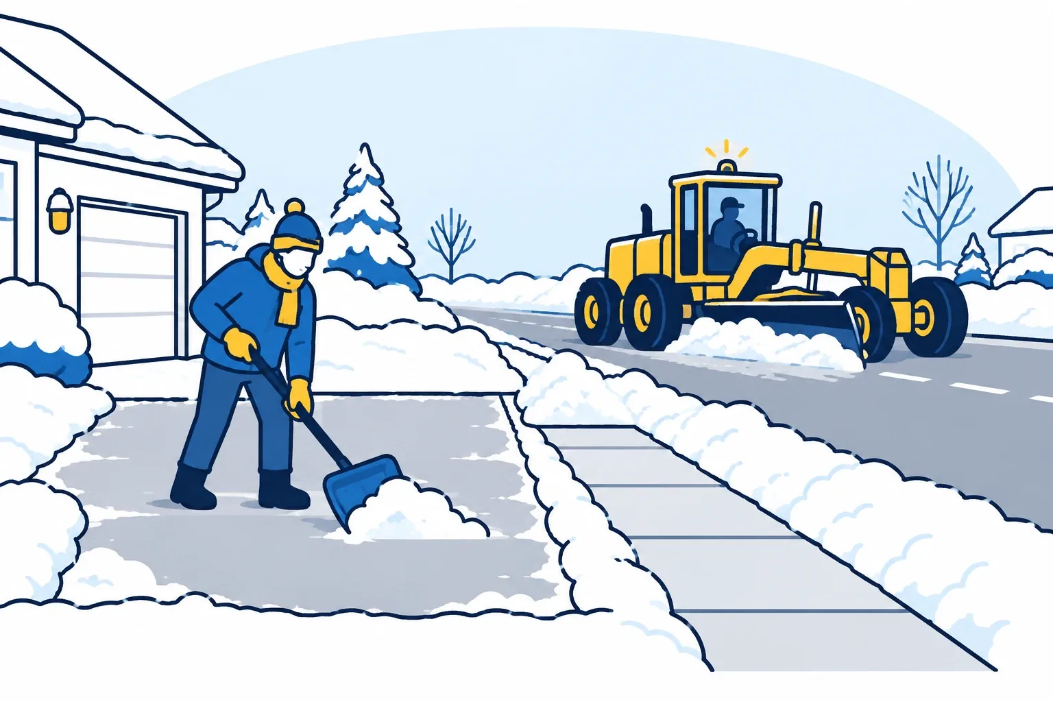 Original cartoon distinguishing a private driveway and adjacent sidewalk from a municipal street grader and road windrow