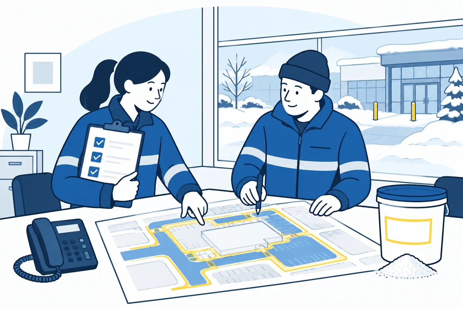 Original cartoon of facility staff reviewing a snow-management zone map, completion checklist and treatment record