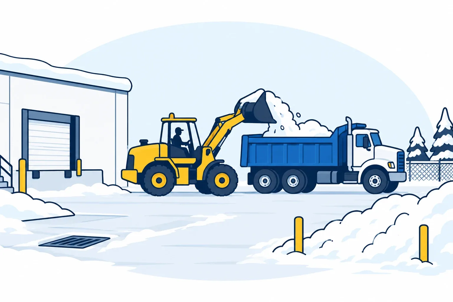 Original cartoon showing a designated warehouse snow-storage corner, protected drain and loader moving excess snow into a truck