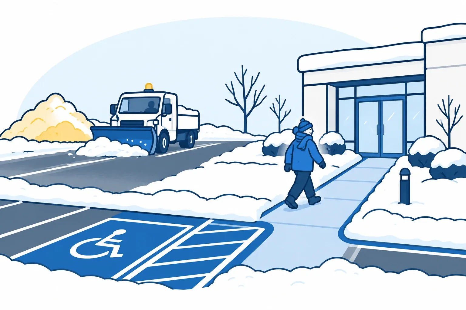 Original cartoon of a connected commercial entrance and accessible-parking route separated from a plowing lane