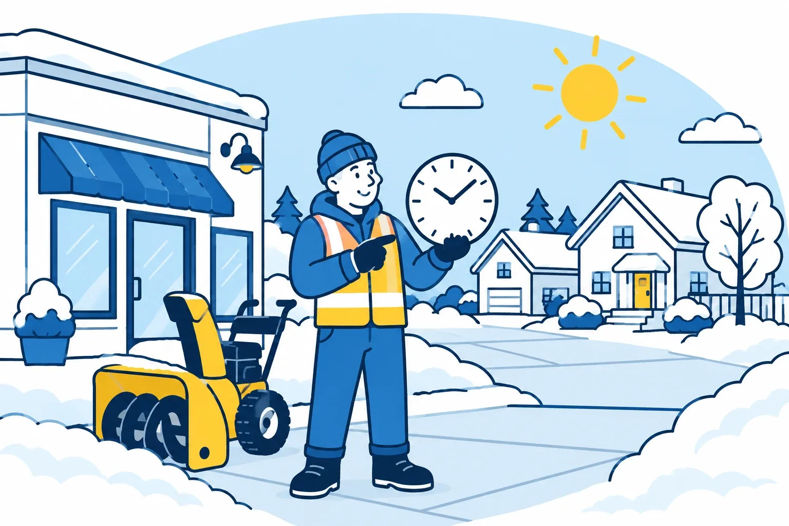 Original daytime cartoon showing a worker, snowblower, clock and nearby residential and commercial buildings
