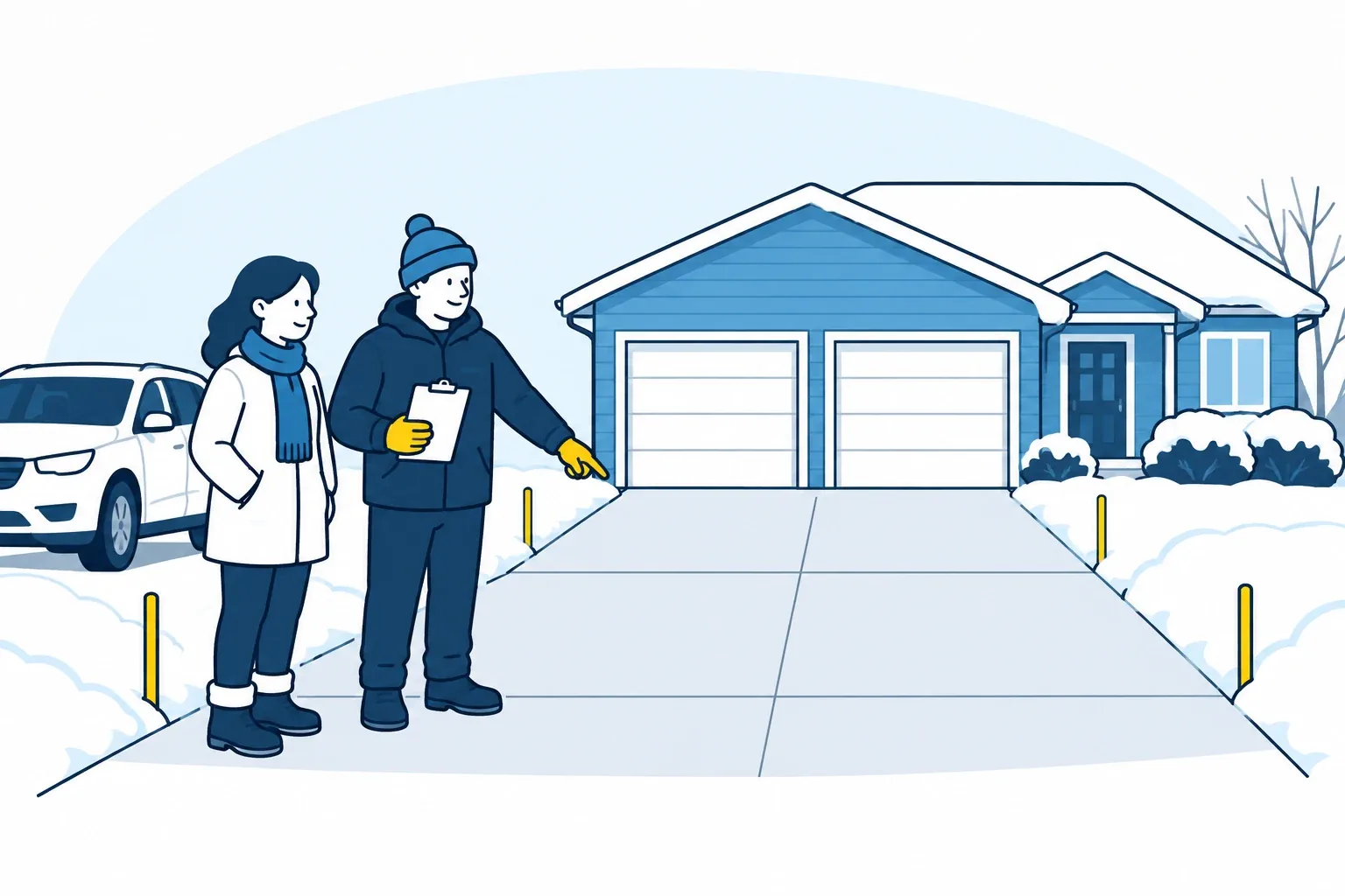 Original cartoon of a homeowner and worker marking driveway edges and recording the property before winter
