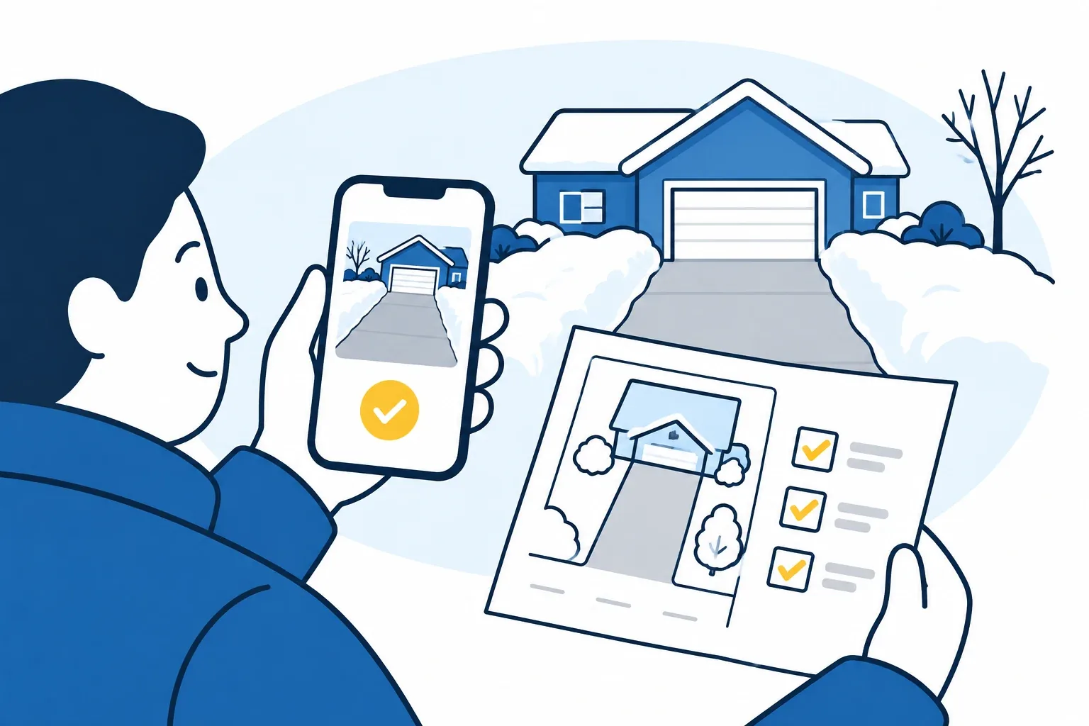 Original cartoon of a homeowner comparing a driveway completion image, a site sketch and service checkboxes