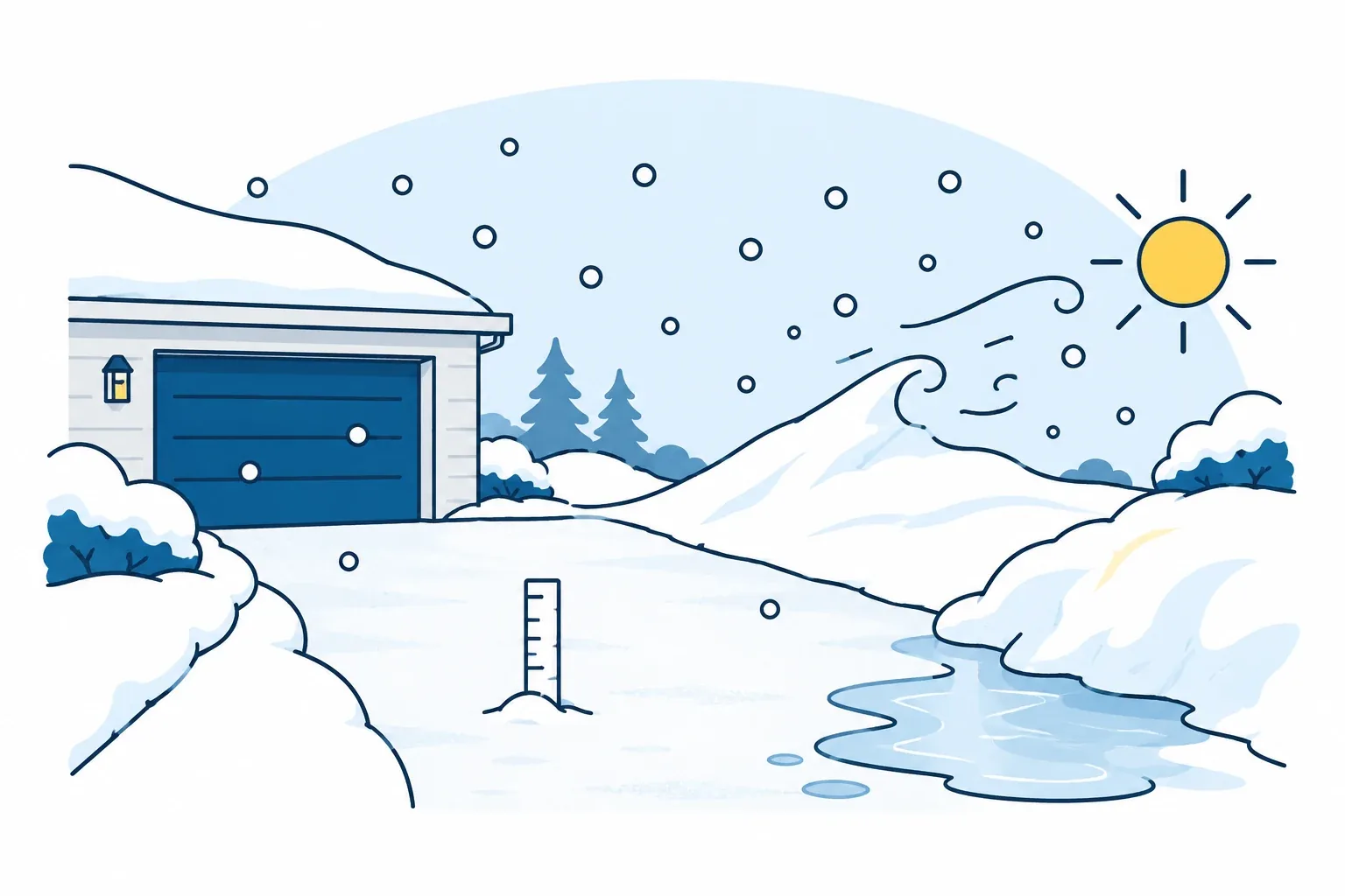 Original cartoon showing fresh snowfall, a measuring ruler, wind-driven drift and a separate icy melt area