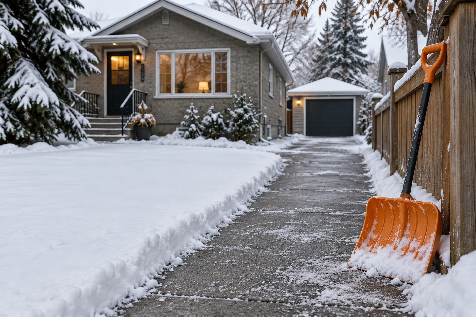 Original realistic concept of a single-home walkway beside a fence and shovel