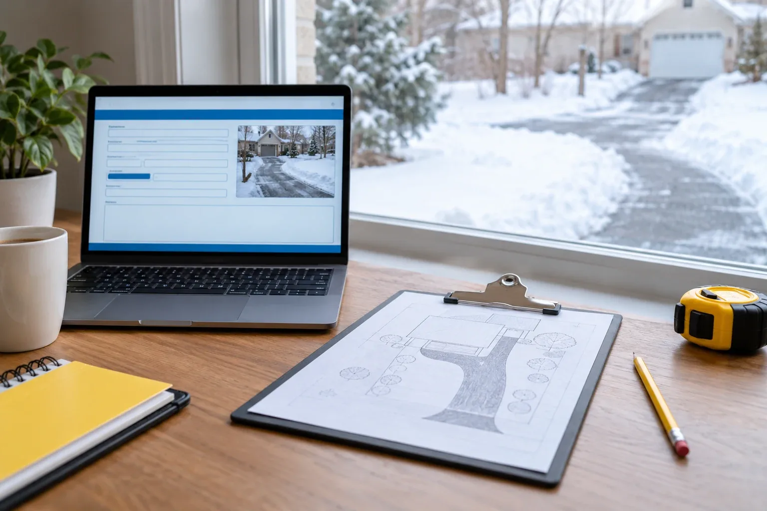 Original realistic concept of a desk with a property sketch, tape measure and unsent laptop form