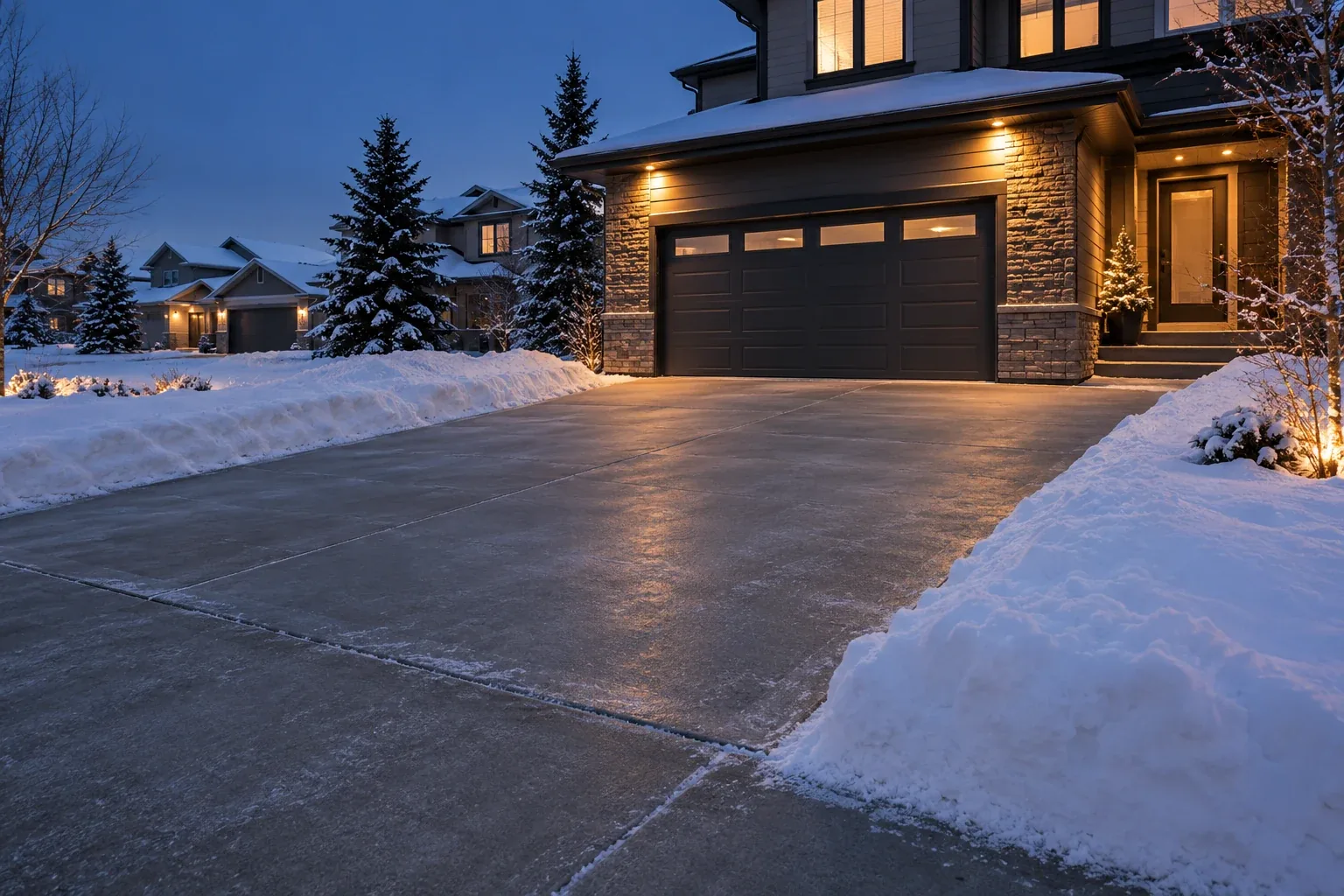 Original realistic concept of a cleared double garage driveway at dusk