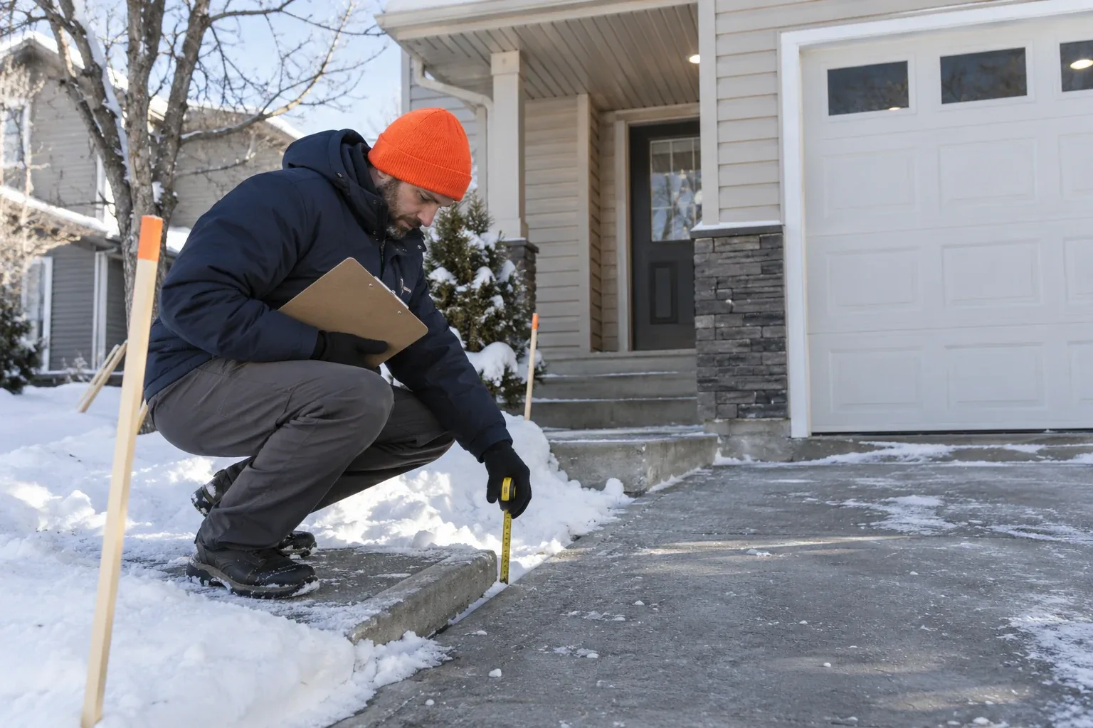 Original realistic concept of a worker measuring a snowy driveway edge
