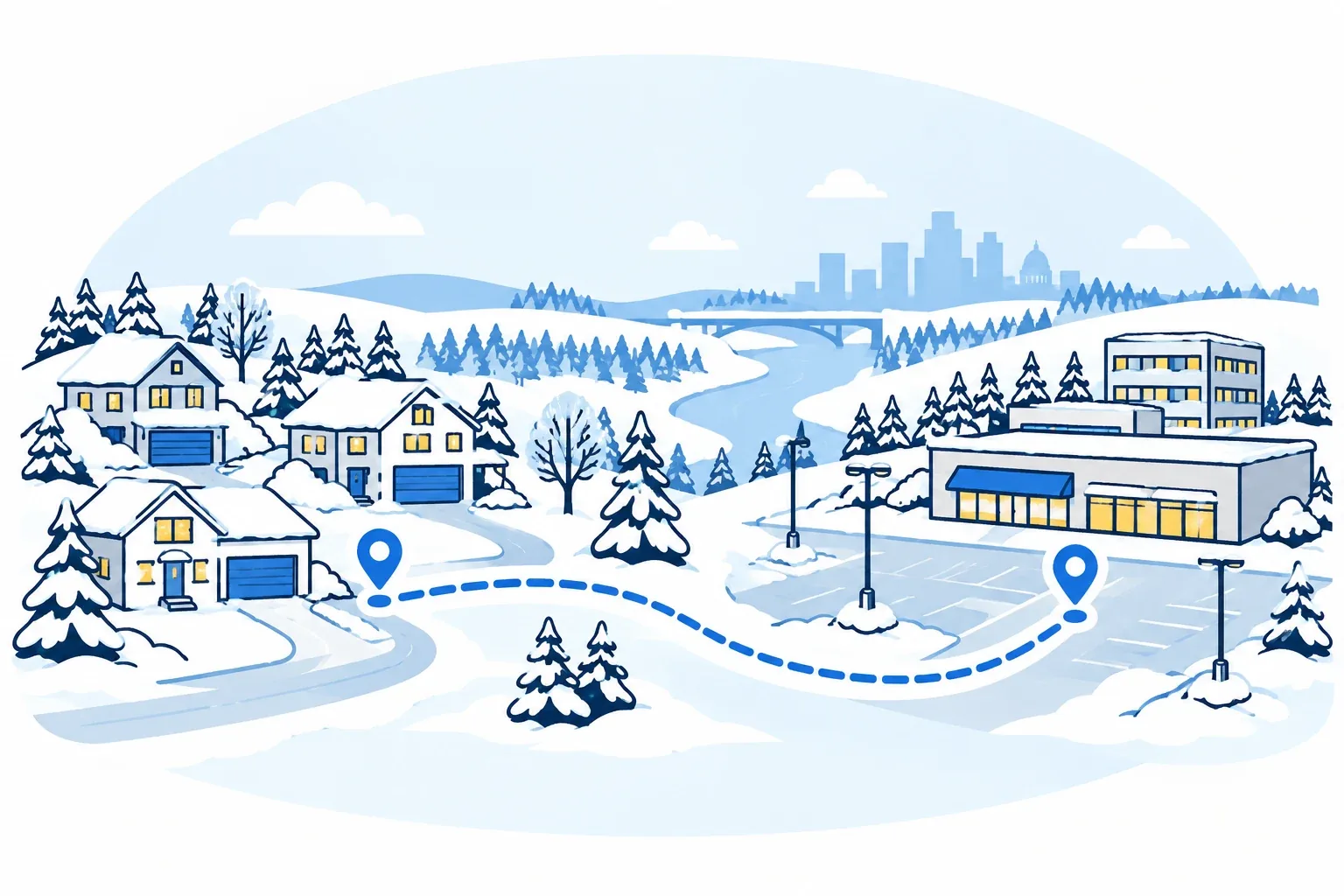 Original illustration of Greater Edmonton residential and commercial properties connected by a conceptual winter route