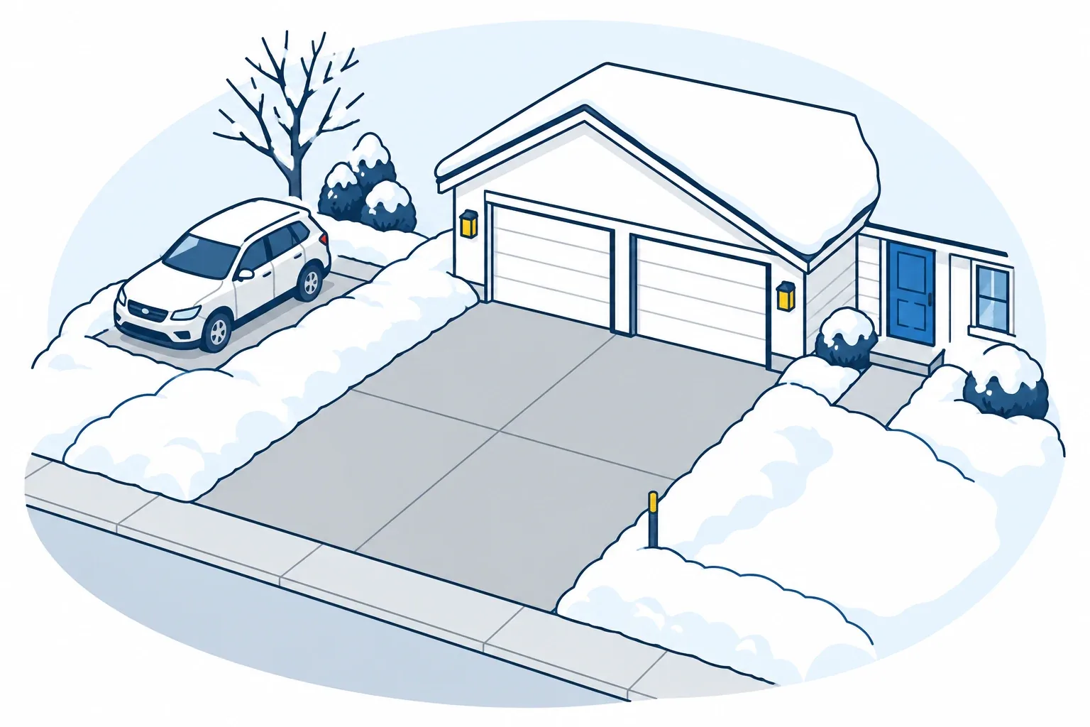 Residential service concept: freshly cleared double driveway with snow stored beside the driveway