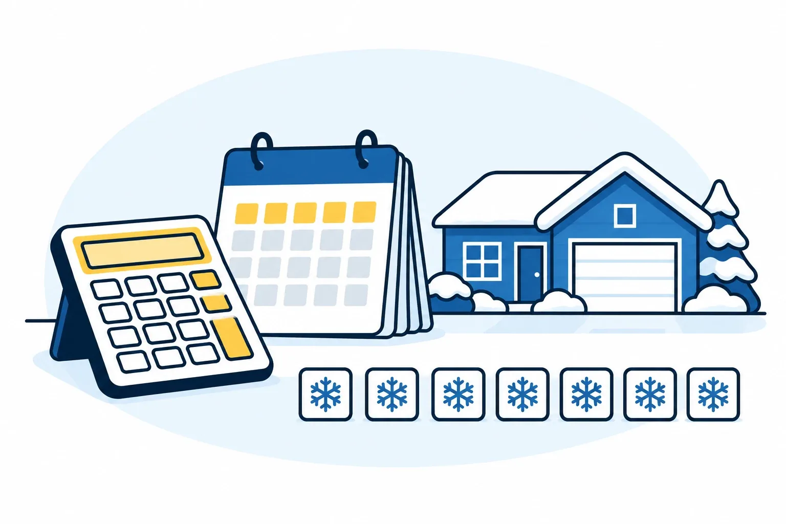 Original cartoon of a calculator, seasonal calendar, blue single-garage home and separate snow-service day boxes